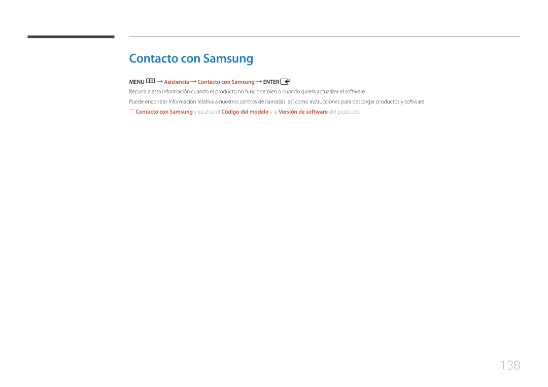 Samsung LH55UDDPLBB/EN, LH55UDDPLBP/EN manual 138, Menu m Asistencia Contacto con Samsung Enter 