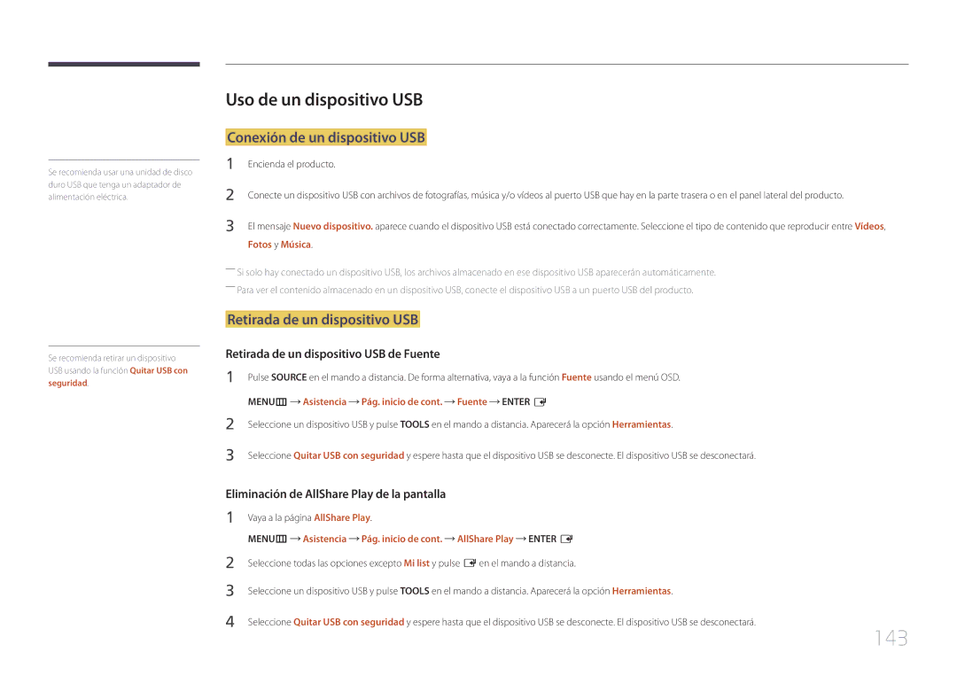 Samsung LH55UDDPLBP/EN 143, Uso de un dispositivo USB, Conexión de un dispositivo USB, Retirada de un dispositivo USB 