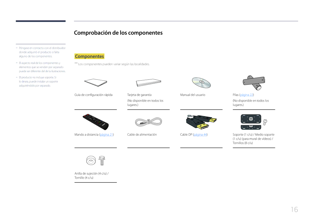 Samsung LH55UDDPLBB/EN, LH55UDDPLBP/EN manual Comprobación de los componentes, Componentes 