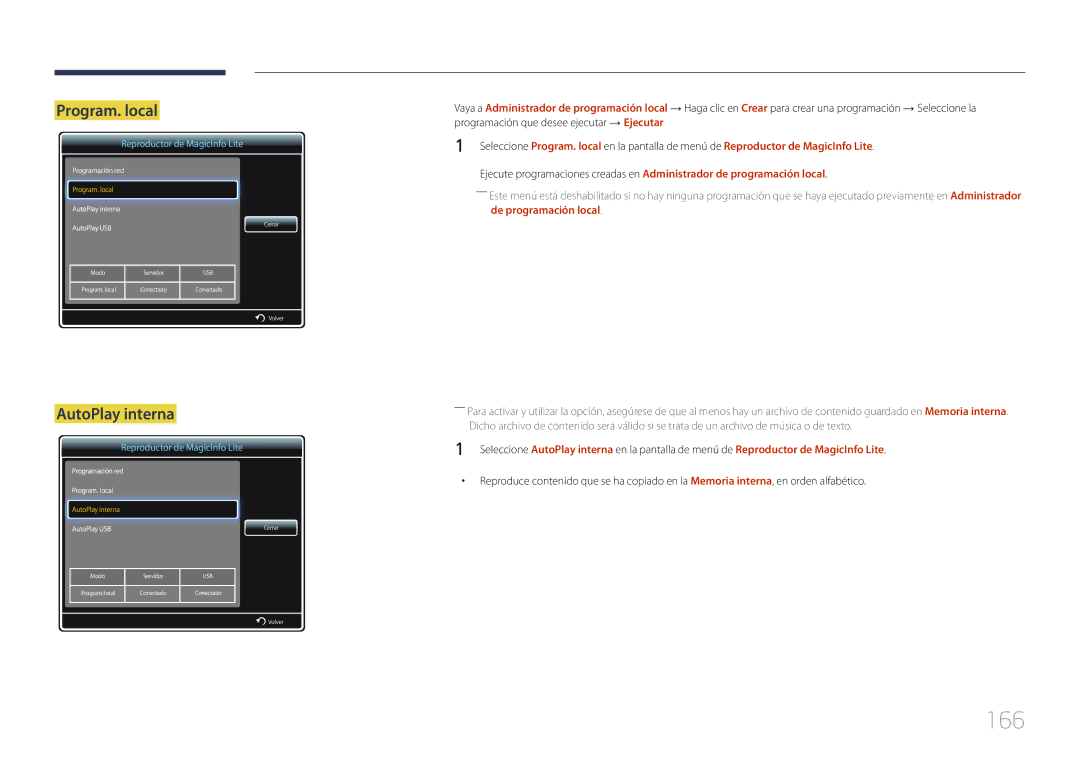 Samsung LH55UDDPLBB/EN, LH55UDDPLBP/EN manual 166, Program. local, AutoPlay interna 