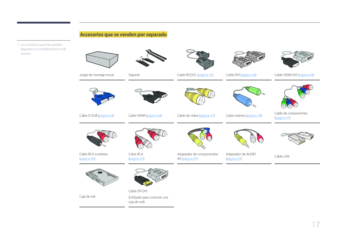 Samsung LH55UDDPLBP/EN manual Accesorios que se venden por separado, Cable RCA a estéreo, Adaptador de Audio Cable LAN 