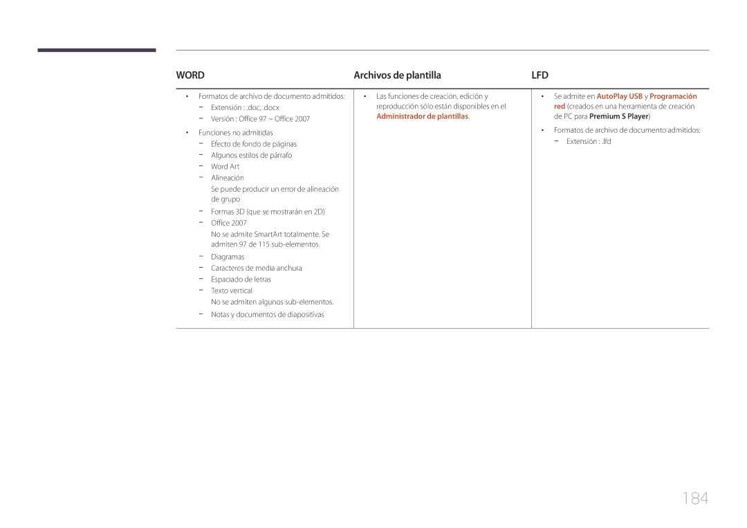 Samsung LH55UDDPLBB/EN, LH55UDDPLBP/EN manual 184, Archivos de plantilla 