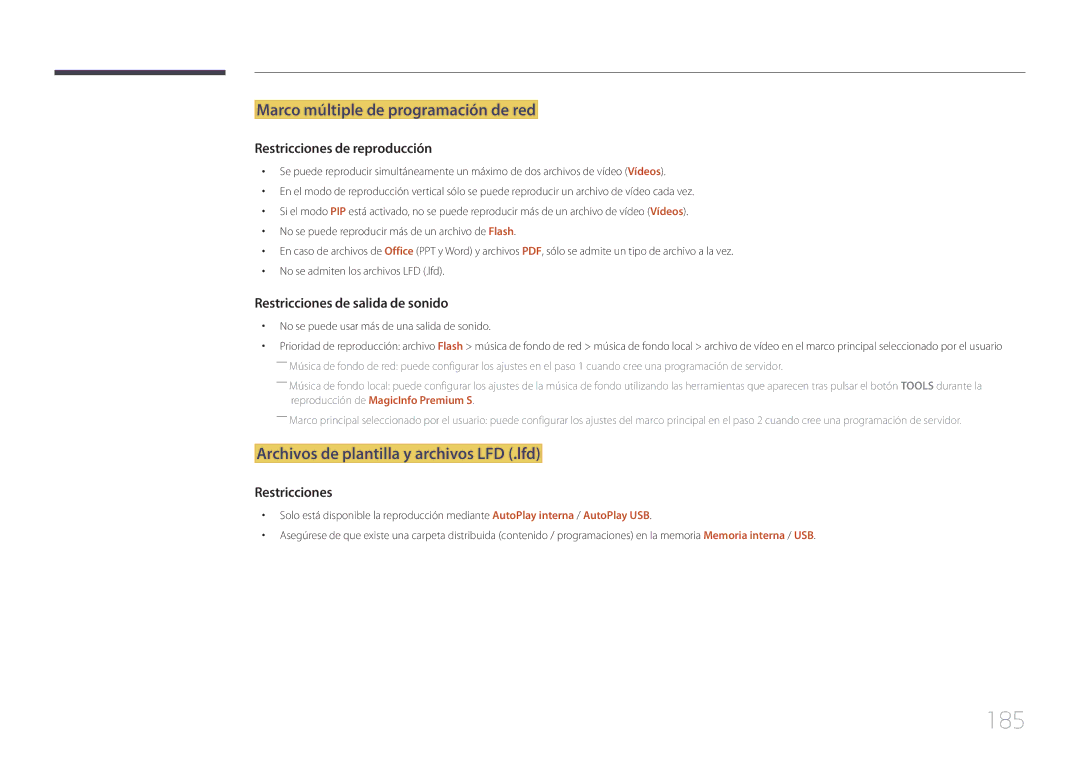 Samsung LH55UDDPLBP/EN manual 185, Marco múltiple de programación de red, Archivos de plantilla y archivos LFD .lfd 