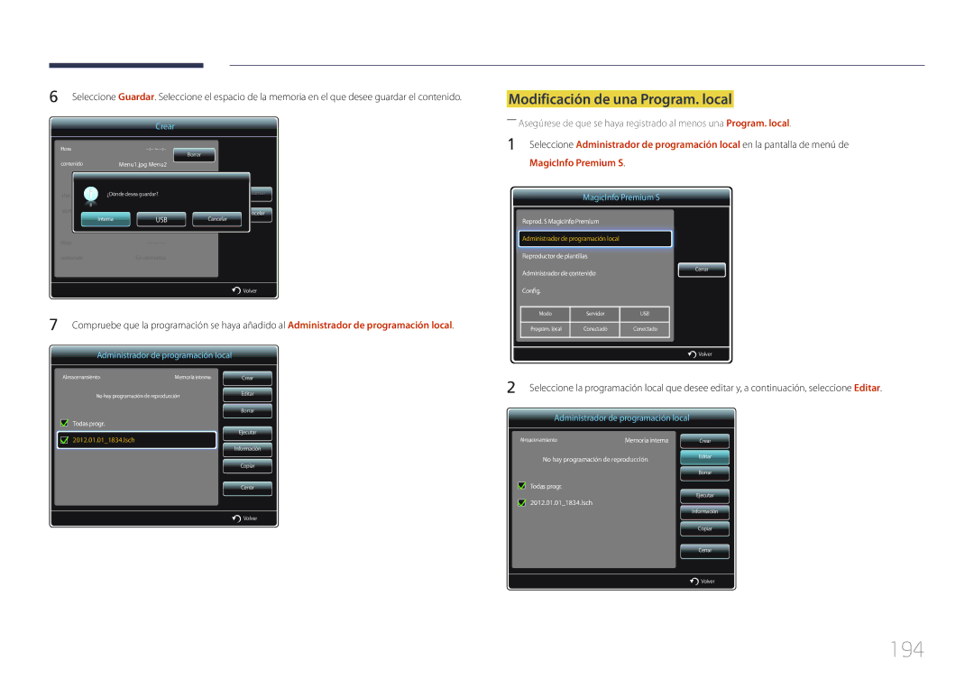 Samsung LH55UDDPLBB/EN, LH55UDDPLBP/EN manual 194, Modificación de una Program. local 