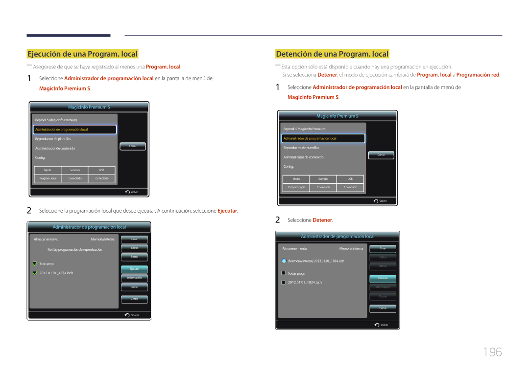 Samsung LH55UDDPLBB/EN, LH55UDDPLBP/EN manual 196, Ejecución de una Program. local 