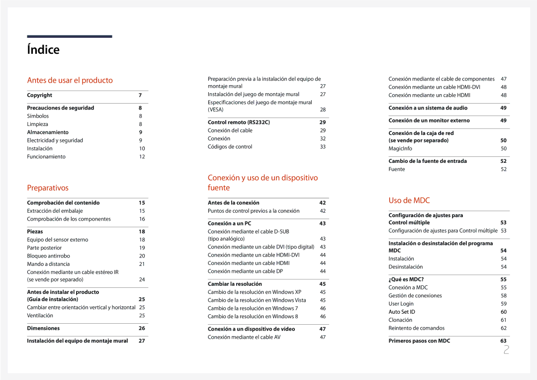 Samsung LH55UDDPLBB/EN, LH55UDDPLBP/EN manual Índice 