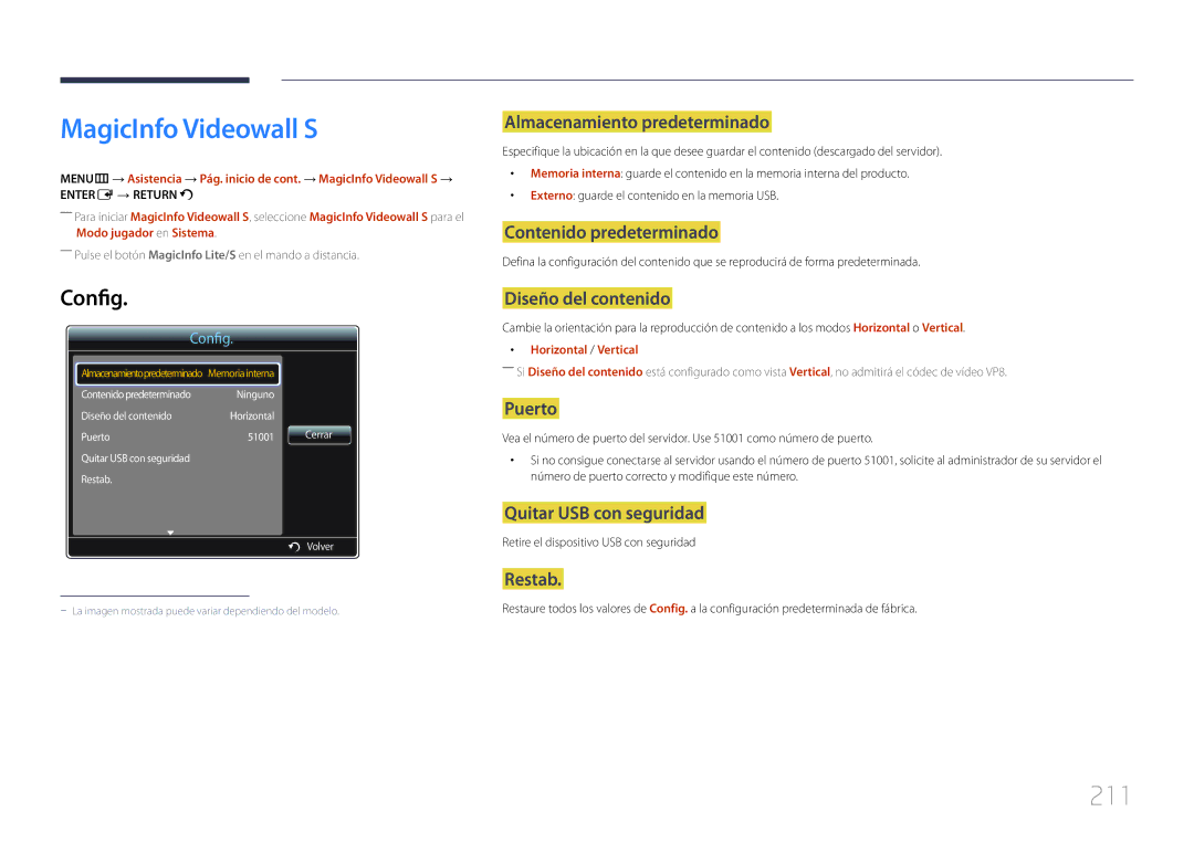 Samsung LH55UDDPLBP/EN, LH55UDDPLBB/EN manual MagicInfo Videowall S, 211, Almacenamiento predeterminado, Puerto, Restab 