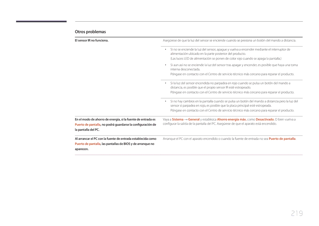 Samsung LH55UDDPLBP/EN, LH55UDDPLBB/EN manual 219, El sensor IR no funciona 