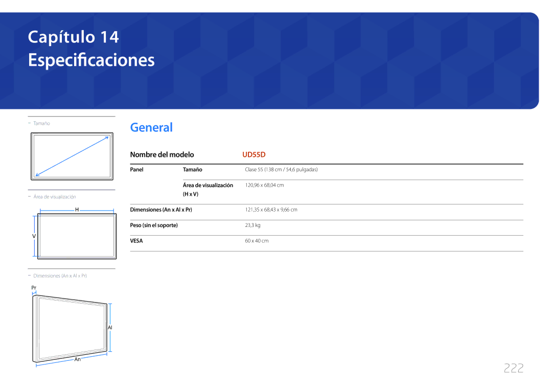 Samsung LH55UDDPLBB/EN manual Especificaciones, 222, Panel Tamaño, Área de visualización, Dimensiones An x Al x Pr 