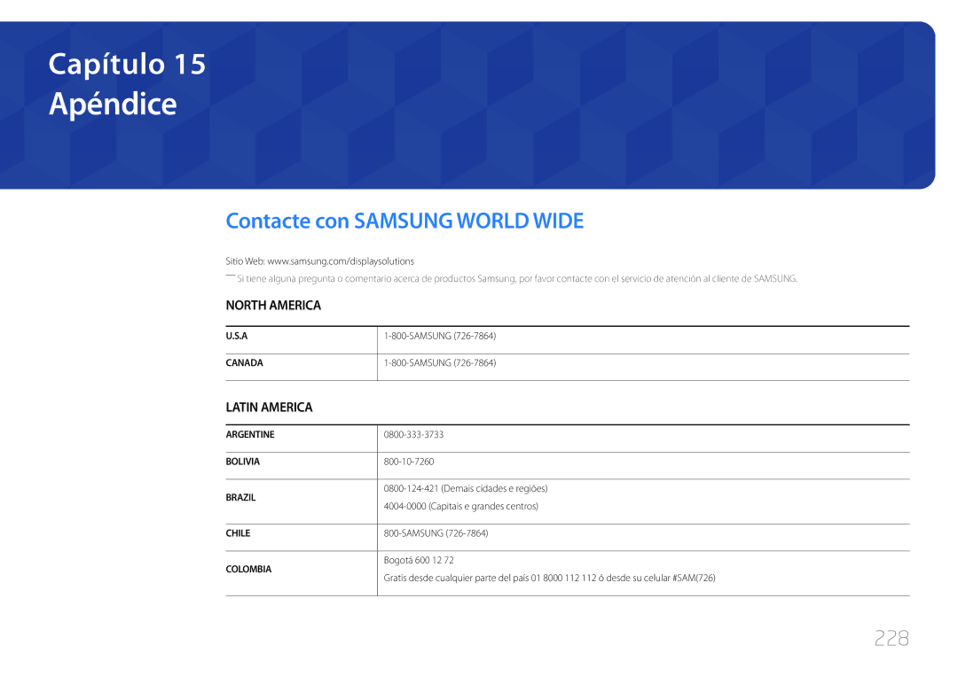 Samsung LH55UDDPLBB/EN, LH55UDDPLBP/EN manual Apéndice, Contacte con Samsung World Wide, 228 