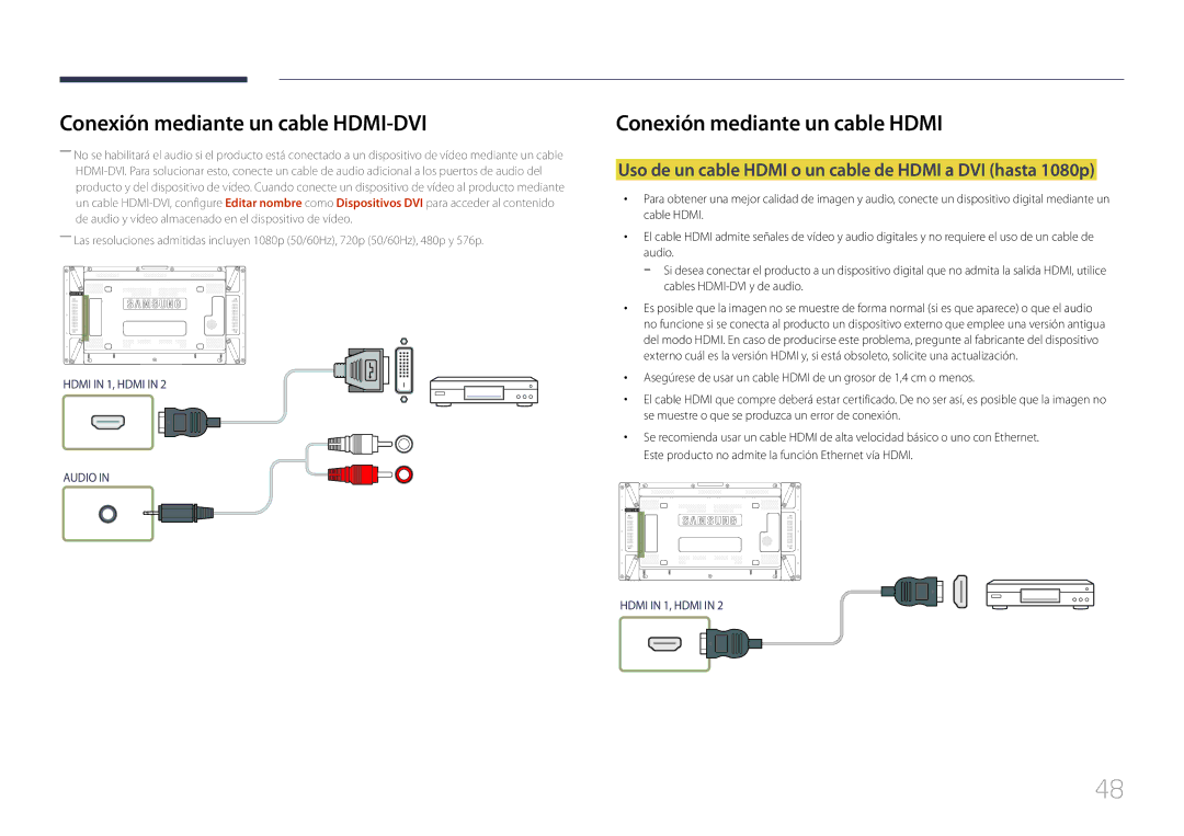 Samsung LH55UDDPLBB/EN Conexión mediante un cable HDMI-DVI, Uso de un cable Hdmi o un cable de Hdmi a DVI hasta 1080p 