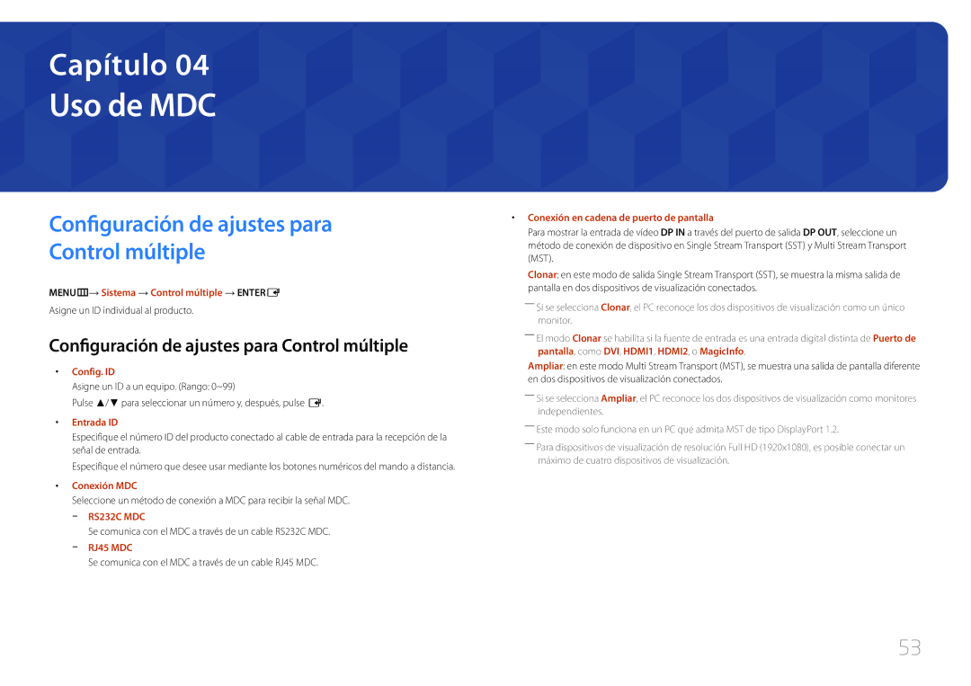 Samsung LH55UDDPLBP/EN, LH55UDDPLBB/EN manual Uso de MDC, Configuración de ajustes para Control múltiple 