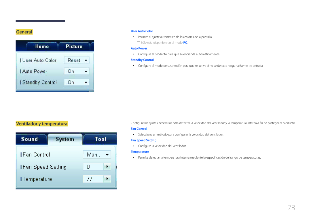 Samsung LH55UDDPLBP/EN manual General Ventilador y temperatura, Configure el producto para que se encienda automáticamente 