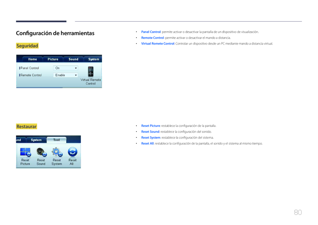 Samsung LH55UDDPLBB/EN, LH55UDDPLBP/EN manual Configuración de herramientas, Seguridad Restaurar 