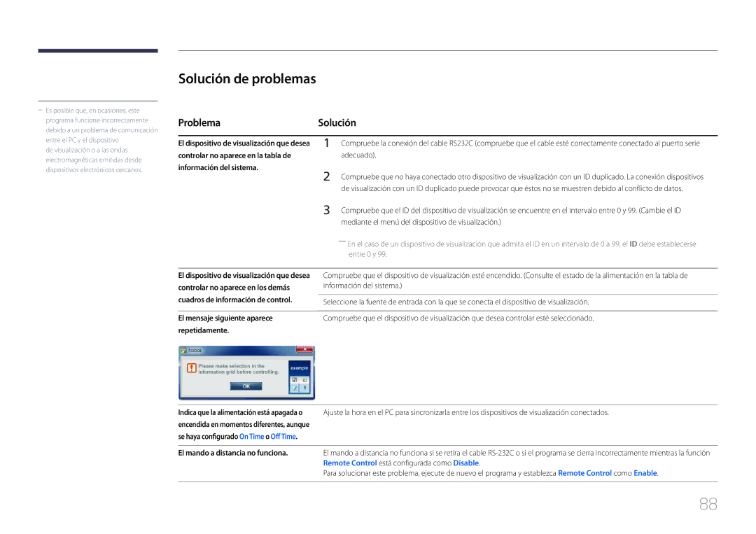 Samsung LH55UDDPLBB/EN, LH55UDDPLBP/EN manual Solución de problemas, ProblemaSolución, El mando a distancia no funciona 