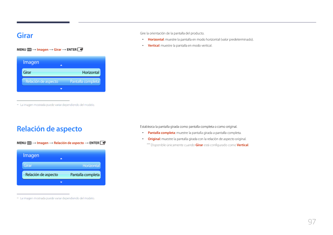 Samsung LH55UDDPLBP/EN, LH55UDDPLBB/EN manual Menu m Imagen Girar Enter, Menu m Imagen Relación de aspecto Enter 