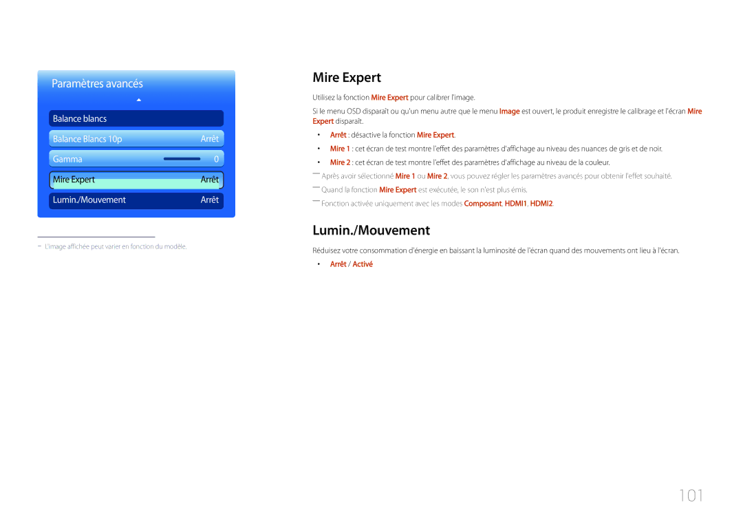 Samsung LH55UDDPLBB/EN manual 101, Mire Expert, Lumin./Mouvement 