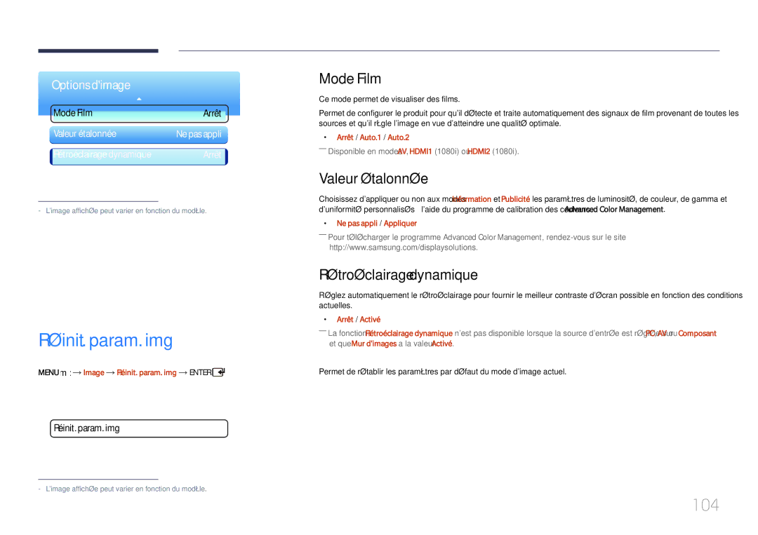 Samsung LH55UDDPLBB/EN manual Réinit. param. img, 104, Mode Film, Valeur étalonnée, Rétroéclairage dynamique 