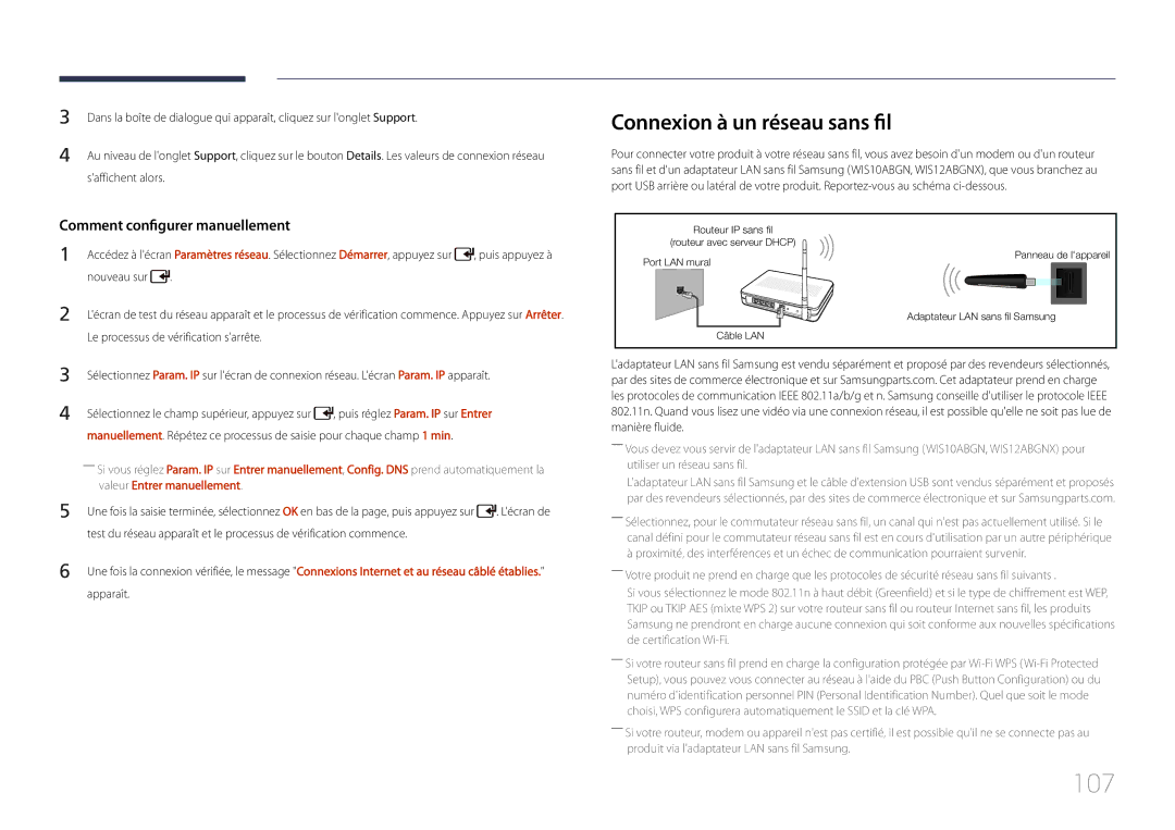 Samsung LH55UDDPLBB/EN manual 107, Connexion à un réseau sans fil 