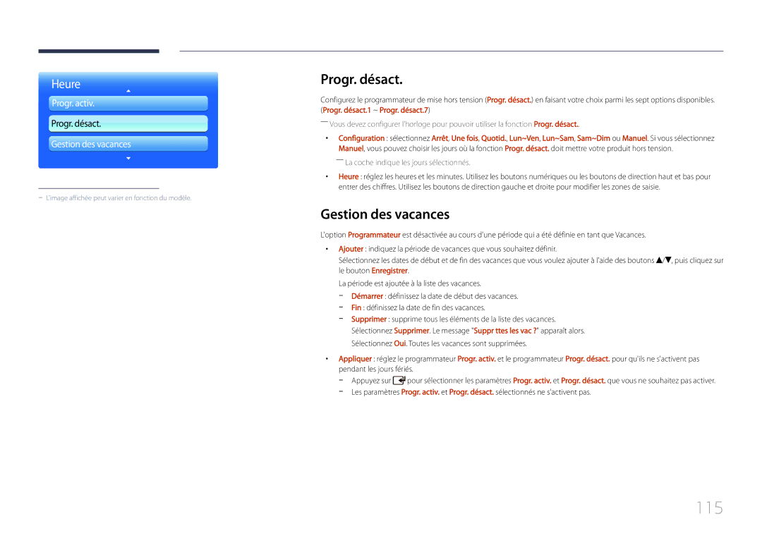 Samsung LH55UDDPLBB/EN manual 115, Progr. désact, Gestion des vacances 