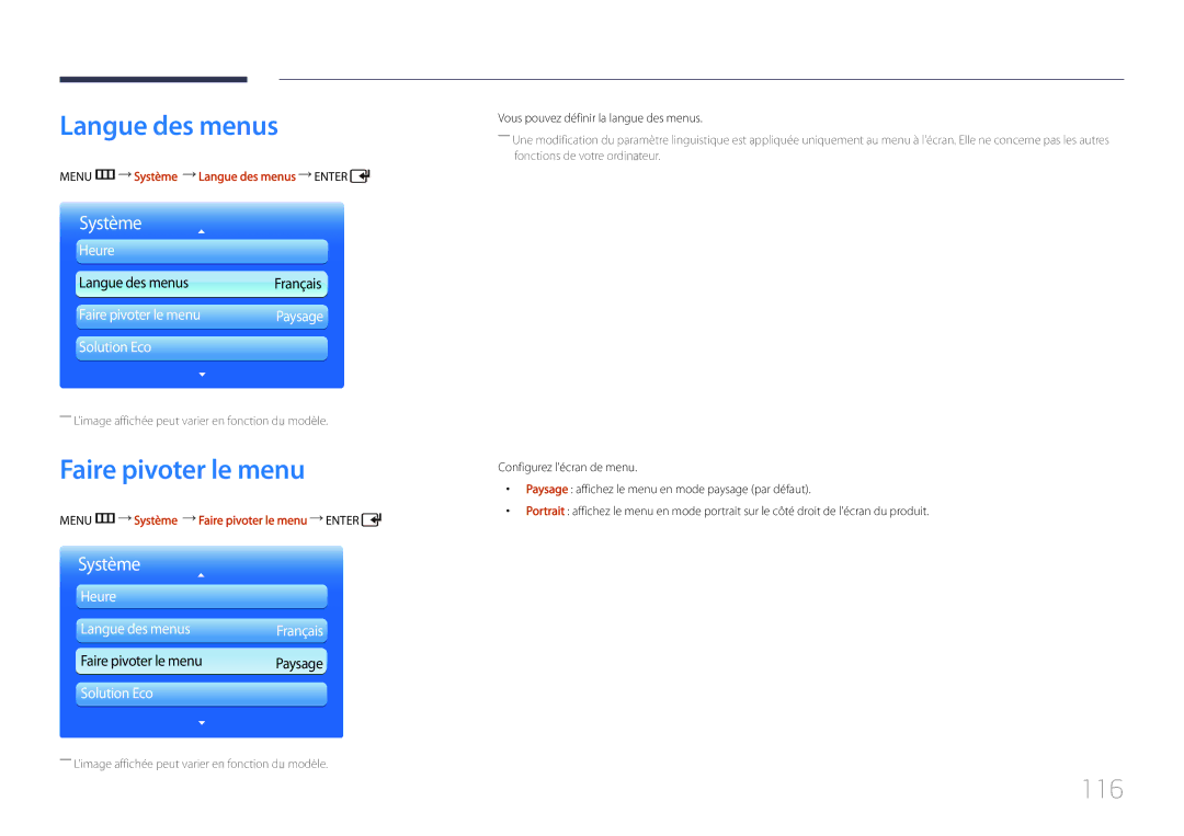 Samsung LH55UDDPLBB/EN manual Faire pivoter le menu, 116, Menu m Système Langue des menus Enter 