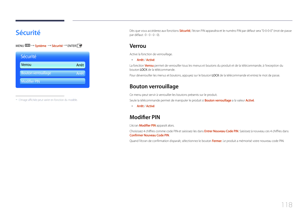 Samsung LH55UDDPLBB/EN manual Sécurité, 118, Verrou, Bouton verrouillage, Modifier PIN 