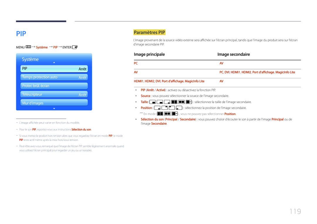 Samsung LH55UDDPLBB/EN manual 119, Paramètres PIP, Image principale Image secondaire, Menu m Système PIP Enter 