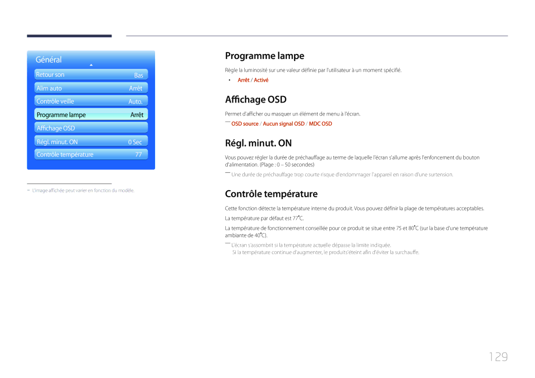 Samsung LH55UDDPLBB/EN manual 129, Programme lampe, Affichage OSD, Régl. minut. on, Contrôle température 