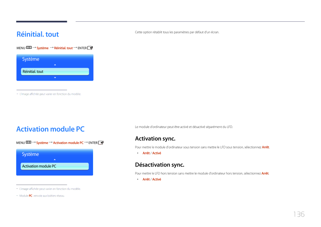 Samsung LH55UDDPLBB/EN manual Réinitial. tout, Activation module PC, 136, Activation sync, Désactivation sync 