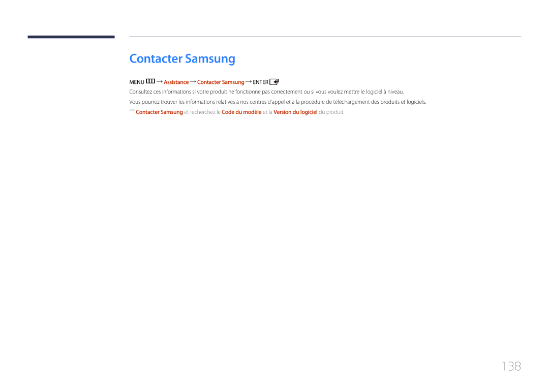 Samsung LH55UDDPLBB/EN manual 138, Menu m Assistance Contacter Samsung Enter 
