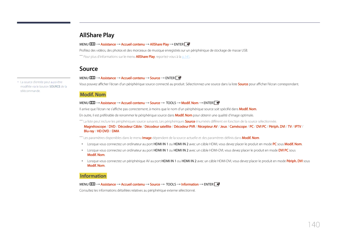 Samsung LH55UDDPLBB/EN manual 140, Modif. Nom, Information, Menu m Assistance Accueil contenu AllShare Play Enter 