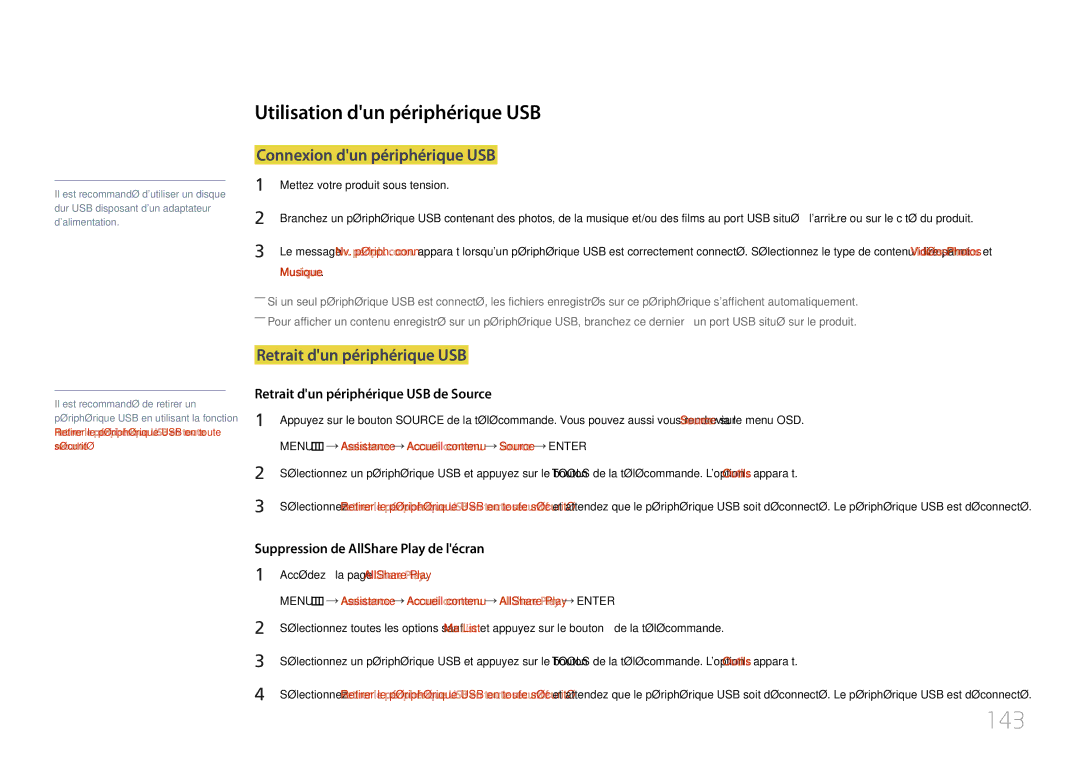 Samsung LH55UDDPLBB/EN 143, Utilisation dun périphérique USB, Connexion dun périphérique USB, Retrait dun périphérique USB 