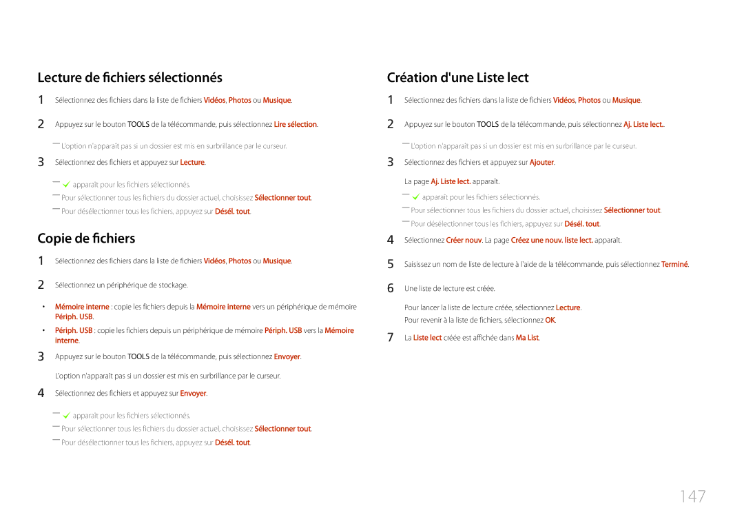 Samsung LH55UDDPLBB/EN manual 147, Lecture de fichiers sélectionnés, Copie de fichiers, Création dune Liste lect 