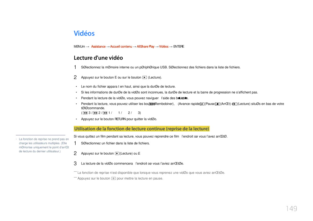 Samsung LH55UDDPLBB/EN manual Vidéos, 149, Lecture dune vidéo, Appuyez sur le bouton E ou sur le bouton ∂Lecture 