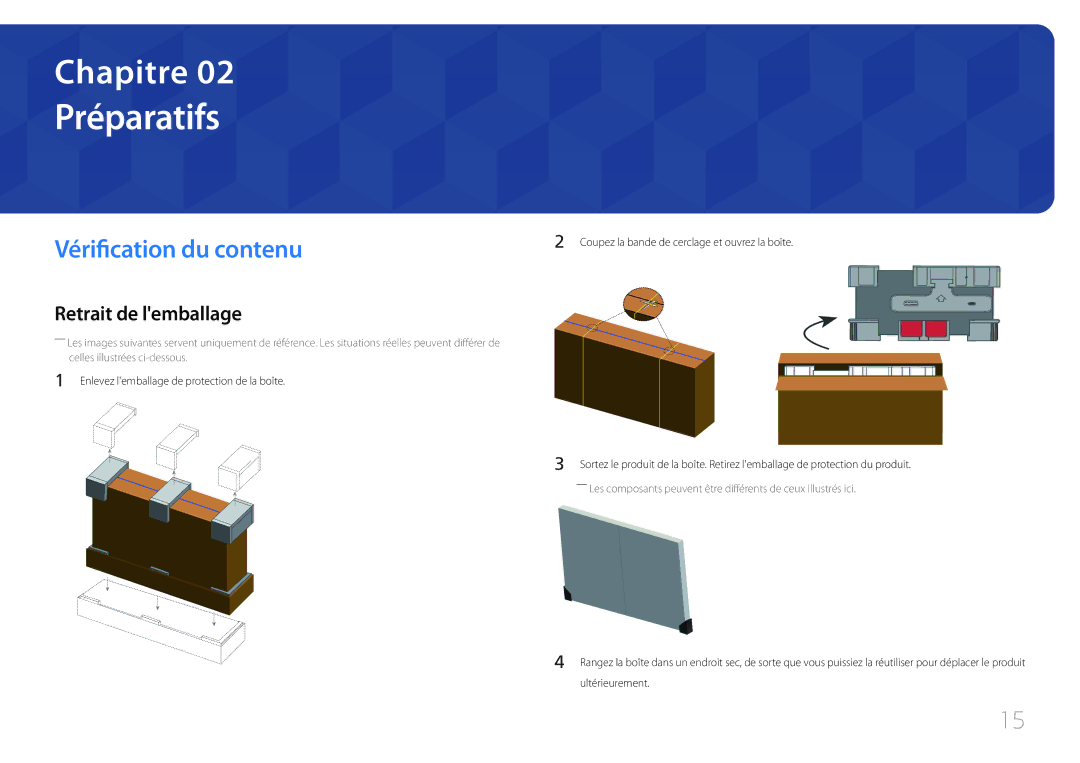 Samsung LH55UDDPLBB/EN manual Préparatifs, Vérification du contenu, Retrait de lemballage 