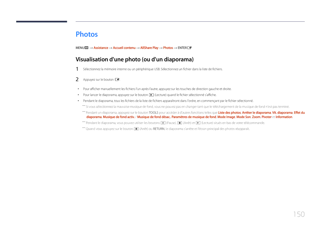 Samsung LH55UDDPLBB/EN manual Photos, 150, Visualisation dune photo ou dun diaporama, Appuyez sur le bouton E 