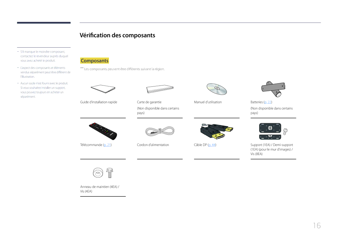 Samsung LH55UDDPLBB/EN manual Vérification des composants, Composants, Pays Télécommande p Cordon dalimentation Câble DP p 