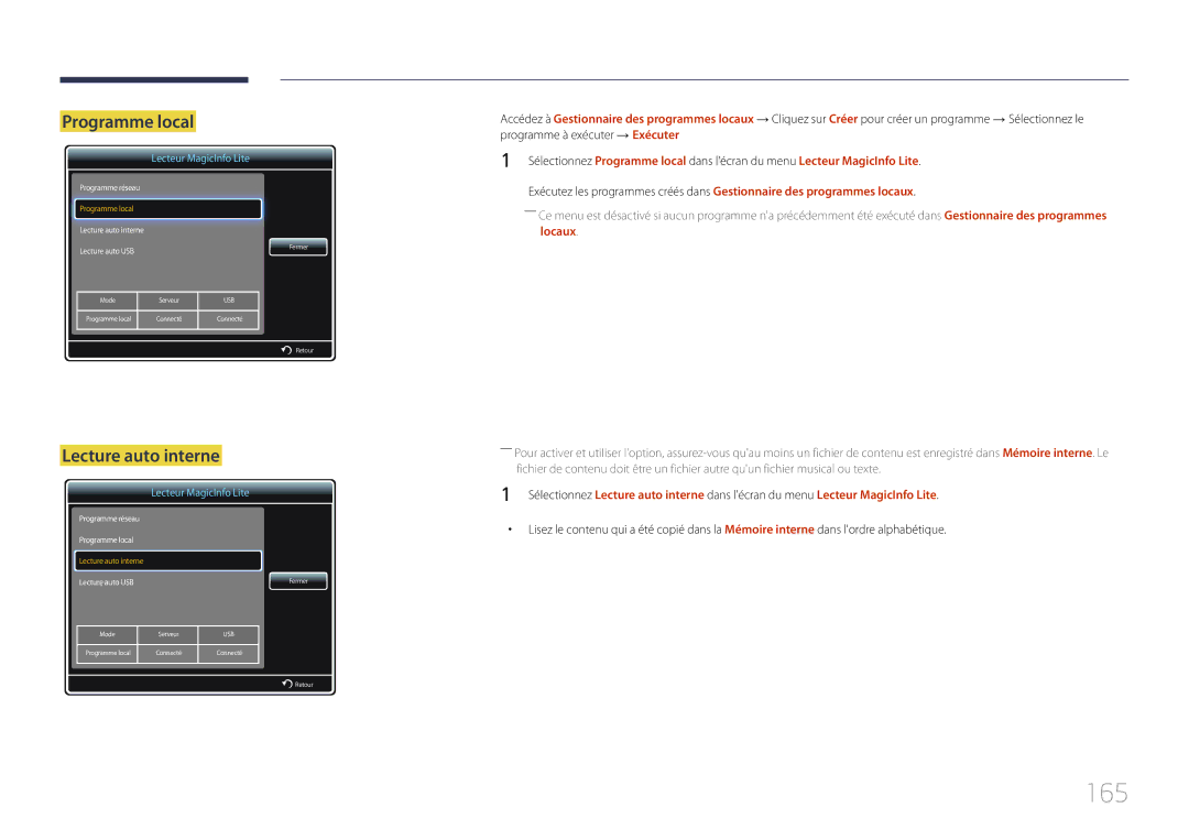 Samsung LH55UDDPLBB/EN manual 165, Programme local, Lecture auto interne 