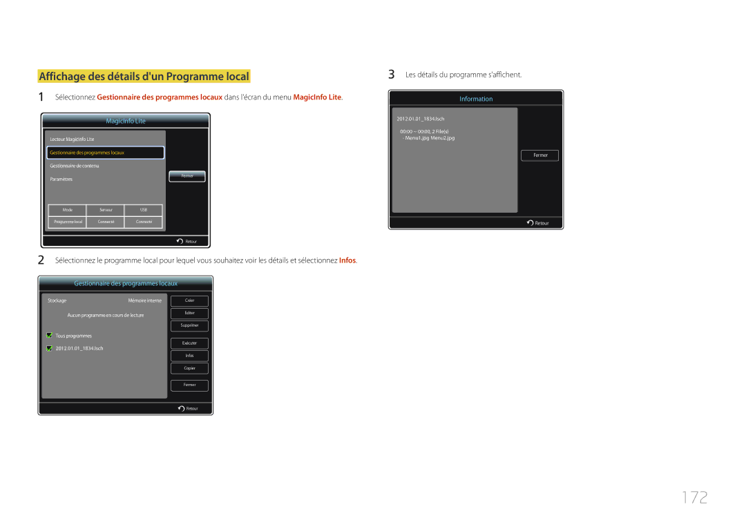 Samsung LH55UDDPLBB/EN manual 172, Affichage des détails dun Programme local, Les détails du programme saffichent 