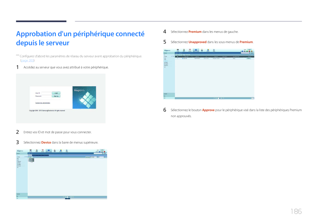 Samsung LH55UDDPLBB/EN manual Approbation dun périphérique connecté depuis le serveur, 186 