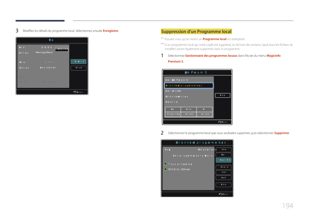 Samsung LH55UDDPLBB/EN manual 194, Suppression dun Programme local 