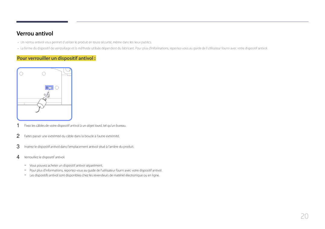 Samsung LH55UDDPLBB/EN manual Verrou antivol, Pour verrouiller un dispositif antivol 