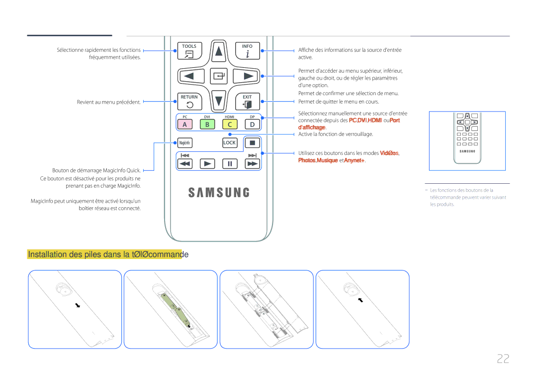 Samsung LH55UDDPLBB/EN manual Installation des piles dans la télécommande, Fréquemment utilisées, Revient au menu précédent 