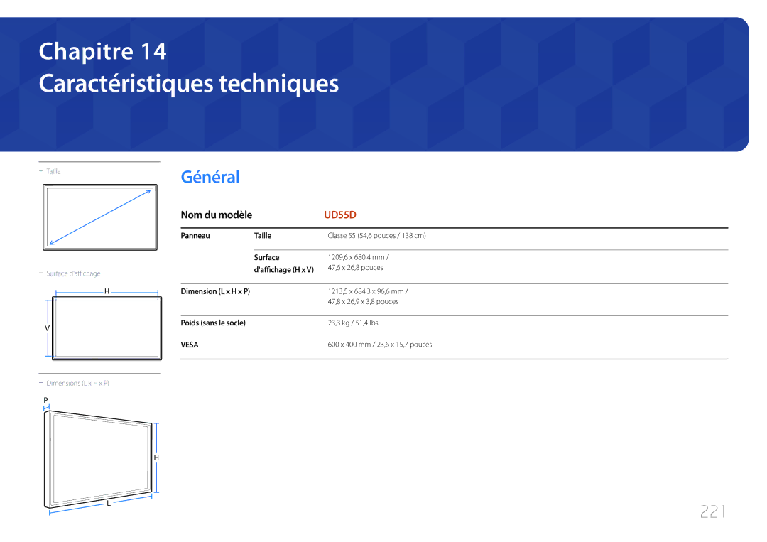 Samsung LH55UDDPLBB/EN manual Caractéristiques techniques, 221, Panneau Taille, Surface 