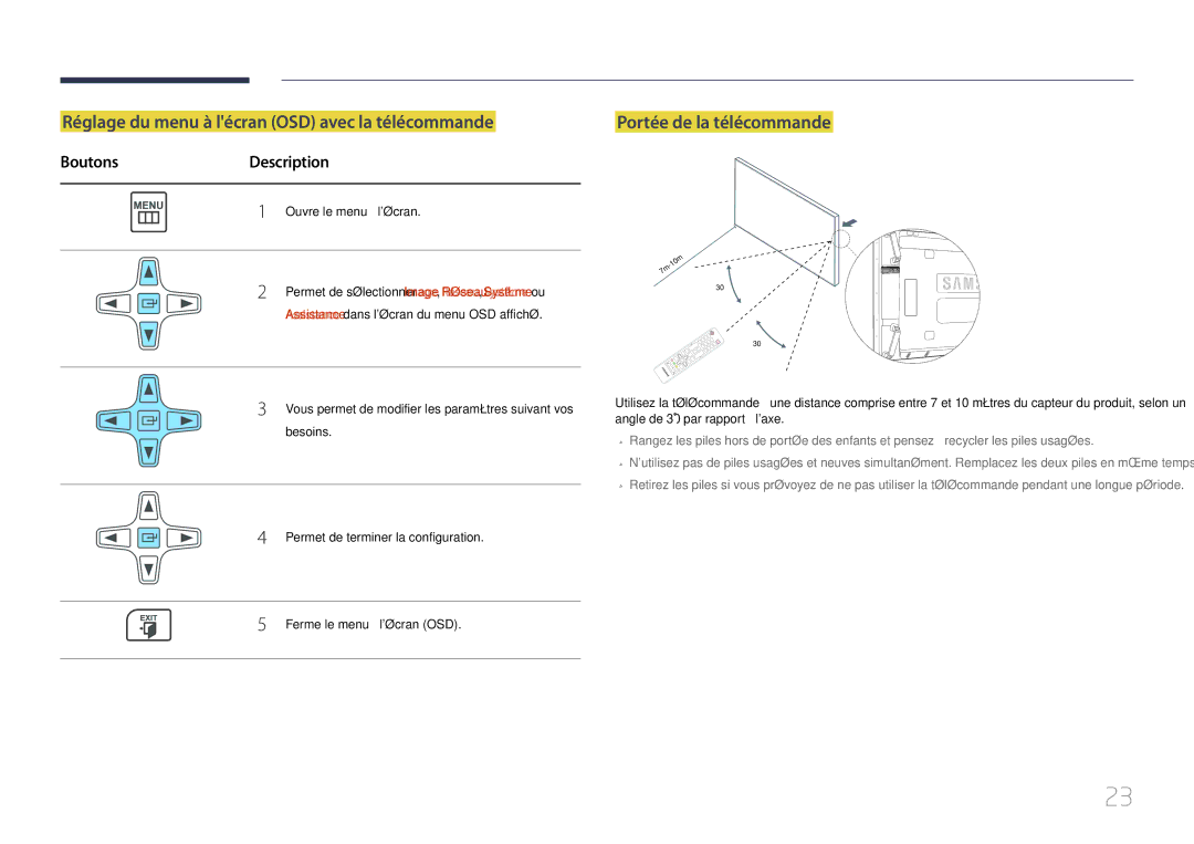 Samsung LH55UDDPLBB/EN Réglage du menu à lécran OSD avec la télécommande, Portée de la télécommande, BoutonsDescription 