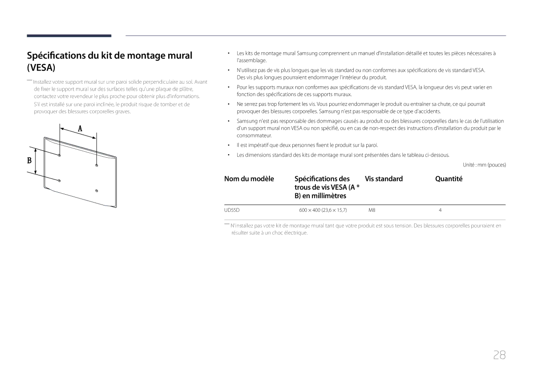 Samsung LH55UDDPLBB/EN Spécifications du kit de montage mural Vesa, Nom du modèle Spécifications des Vis standard Quantité 