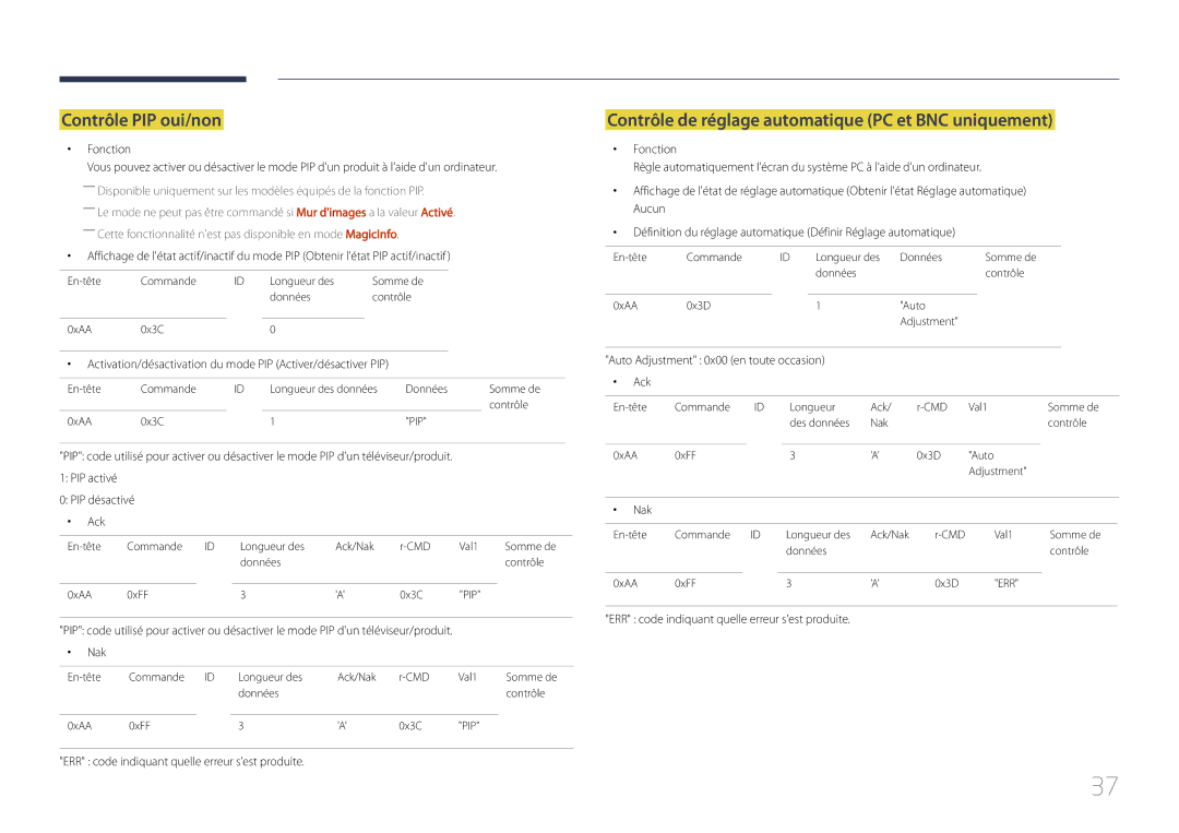 Samsung LH55UDDPLBB/EN manual Contrôle PIP oui/non, Contrôle de réglage automatique PC et BNC uniquement, Fonction 