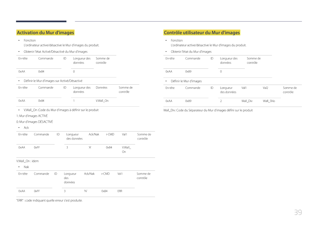 Samsung LH55UDDPLBB/EN manual Activation du Mur dimages, Contrôle utilisateur du Mur dimages, WallOn idem Nak 