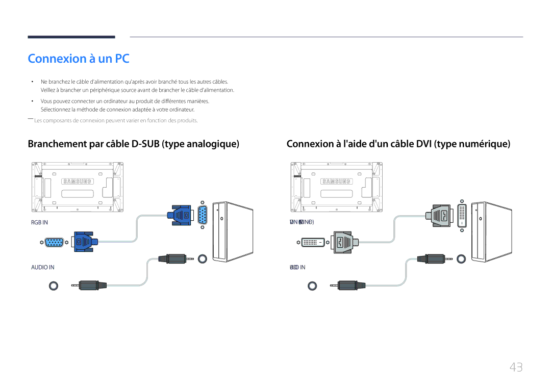 Samsung LH55UDDPLBB/EN manual Connexion à un PC, Branchement par câble D-SUB type analogique 