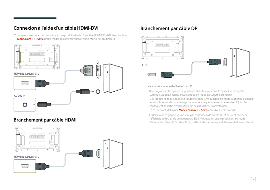 Samsung LH55UDDPLBB/EN manual Connexion à laide dun câble HDMI-DVI, Branchement par câble Hdmi, Branchement par câble DP 